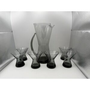 MCM Morgantown Glass Smoke Gray Martini Pitcher & 6 Glasses Set